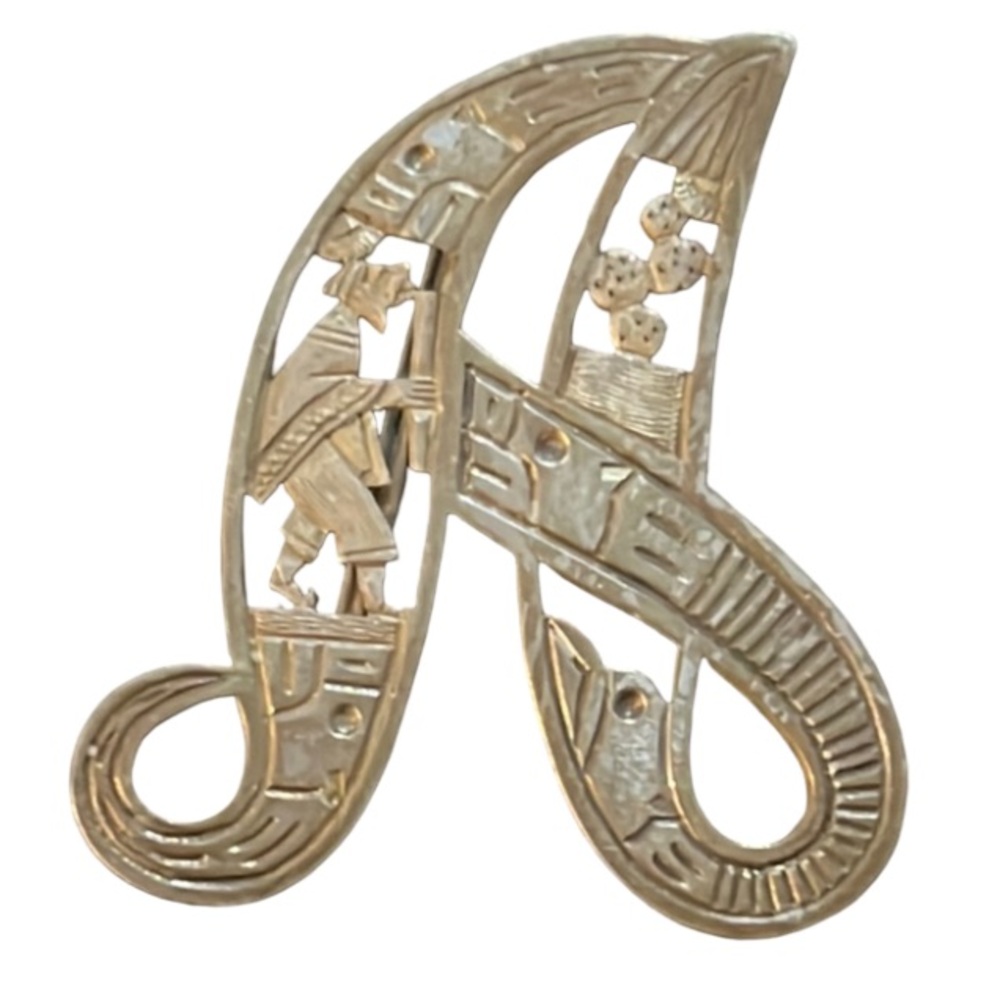 Vintage Sterling Silver Etched Aztec Decorative Letter A Initial Brooch